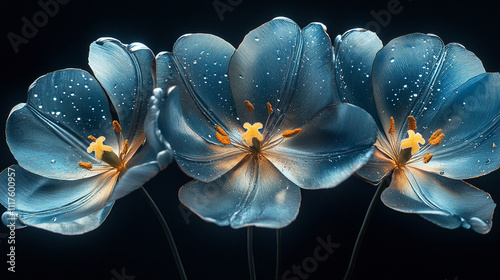 Piękne niebieskie metaliczne tulipany, na czarnym tle, trendy 2025, generative ai  © Elżbieta Kaps