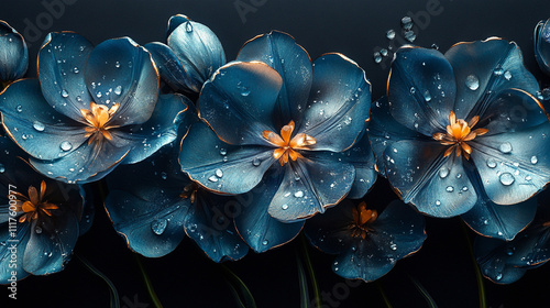 Piękne niebieskie metaliczne tulipany, na czarnym tle, trendy 2025, generative ai  © Elżbieta Kaps