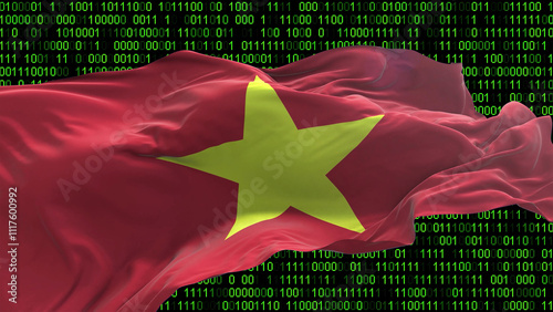 Vietnam flag - 3D realistic waving flag on matrix digital background with binary code