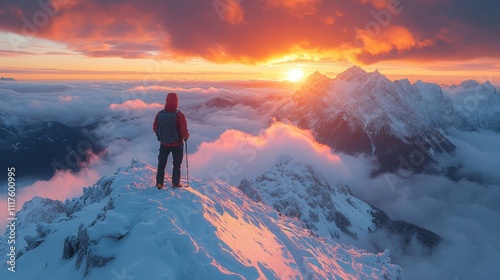 Hiker standing on a snowy mountain peak with breathtaking views, embracing the beauty of nature.