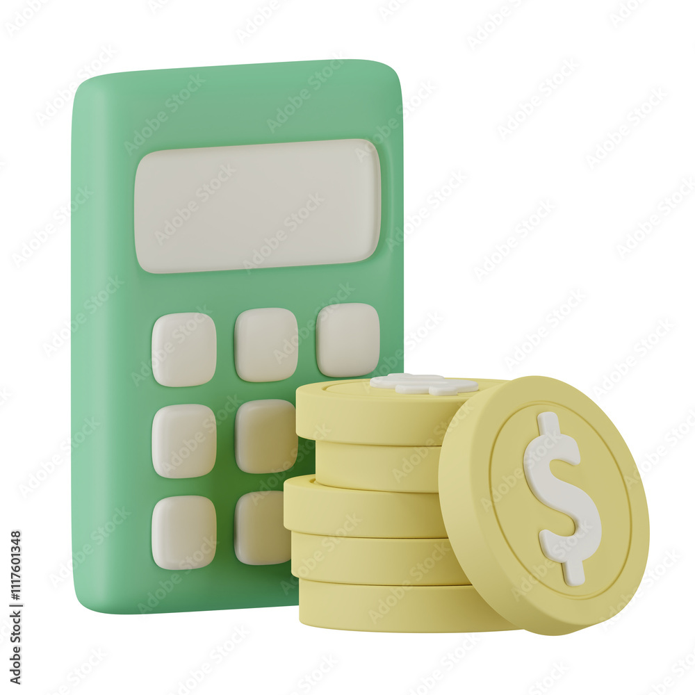 3d icon of calculator and stacked coins isolated on background