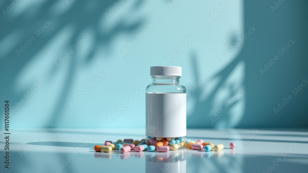 A small clear bottle with a white label and cap sitting on top of colorful multivitamin capsules. A small clear bottle with a white label and cap sitting on top of colorful multivitamin capsules.