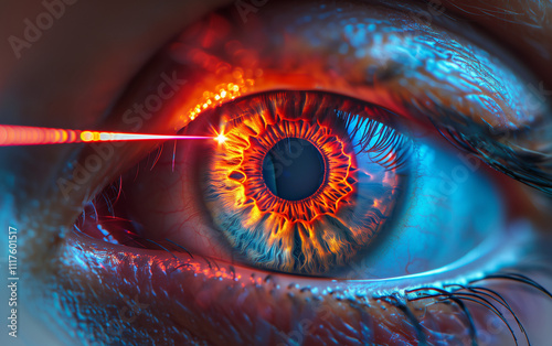 Laser Vision Correction Closeup. Retina Treatment with Precision Laser. Futuristic Laser Eye Care Technology. High-Tech Retinal Surgery