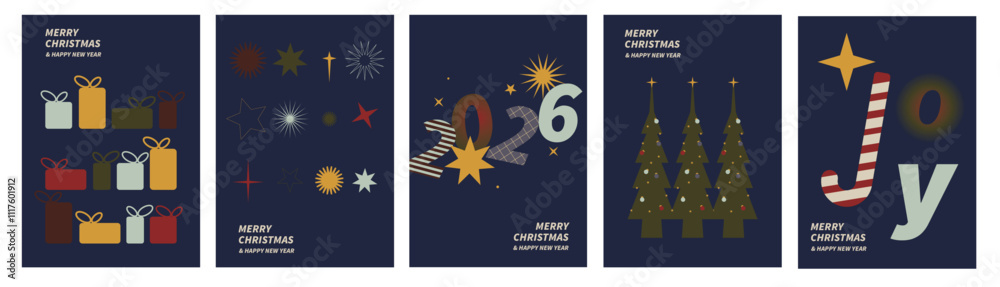 Fototapeta premium Christmas and New Year greeting cards set. Elegant vector illustration for greeting card, website and mobile website banner, party invitation card, posters, social media. (Designed by enchantemm)