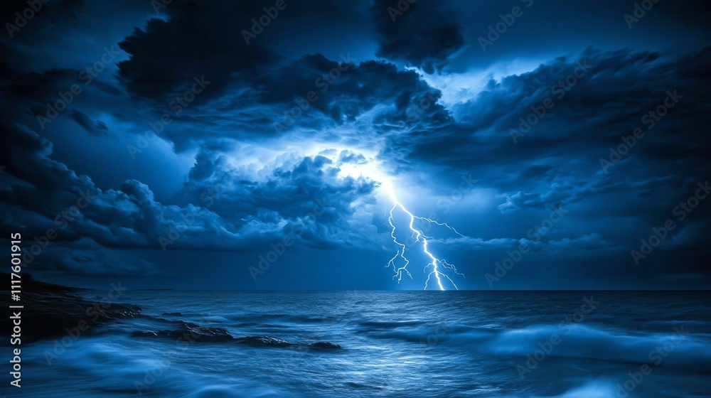 Fototapeta premium A dramatic seascape illuminated by lightning against dark, stormy clouds.