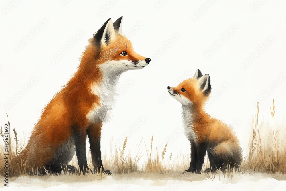 Naklejka premium A mother fox and her cub sit together in a serene natural setting.