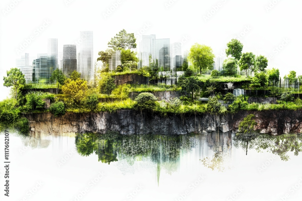 Urban landscape, lush vegetation, cliff, reflection, surreal. Urban landscape, lush vegetation, cliff, reflection, surreal.
