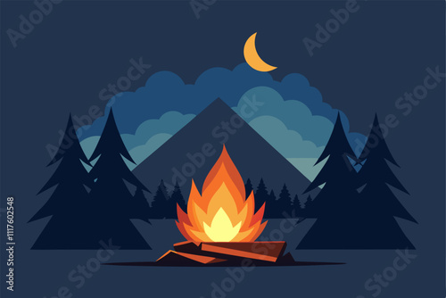 Camp on a summer night and light a campfire. surrounded by pine forests and rocky mountains. Starry nights and beautiful moonlight. Nature scene