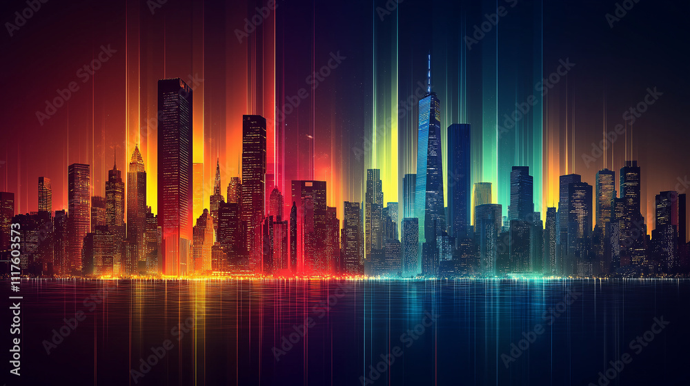 Fototapeta premium Vibrant technicolor cityscape with multi-colored neon buildings reflected on water. A futuristic vision of urban development and digital utopia.