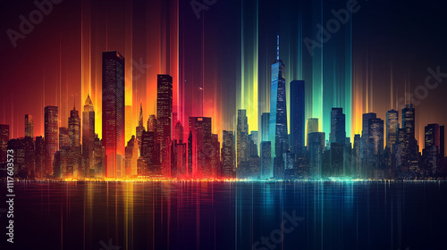 Vibrant technicolor cityscape with multi-colored neon buildings reflected on water. A futuristic vision of urban development and digital utopia.