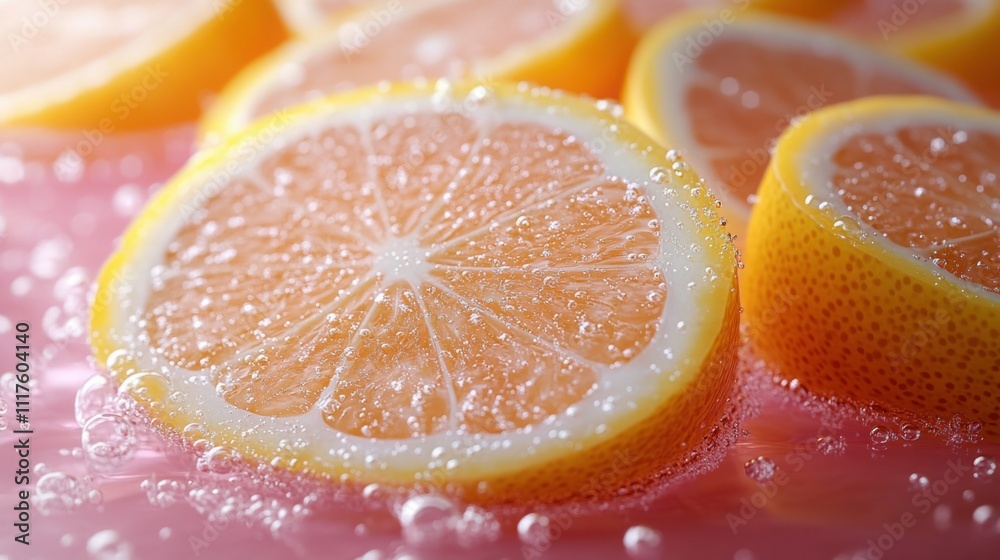 Vibrant lemon slices floating against a pink background, showcasing bright colors and freshness. Vibrant lemon slices floating against a pink background, showcasing bright colors and freshness.