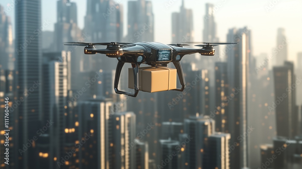 The drone of the future delivers a parcel against the background of the city The drone of the future delivers a parcel against the background of the city