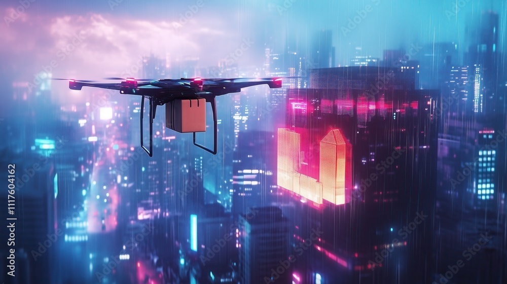 The drone of the future delivers a parcel against the background of the city The drone of the future delivers a parcel against the background of the city
