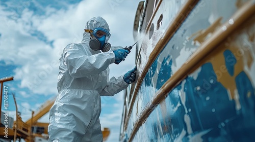 Worker in protective suit cleans a boat hull