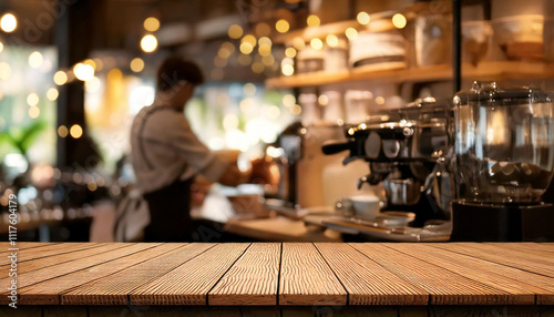 This stunning coffee shop features cafe or restaurant decor. Bokeh effect in background with barista making coffee