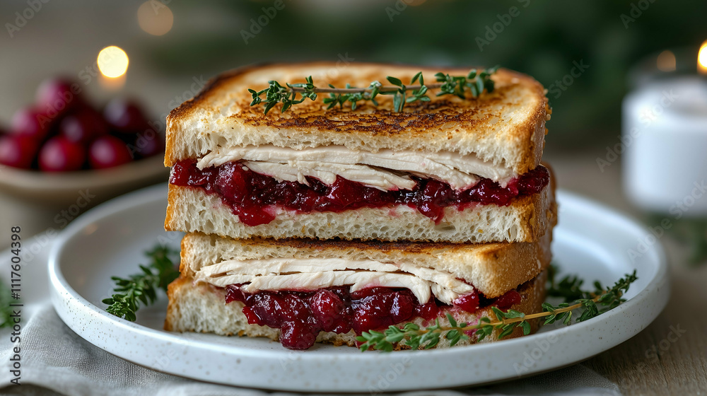 Turkey Cranberry Sandwich with Fresh Thyme on a White Plate - A grilled turkey cranberry sandwich featuring juicy turkey slices and tangy cranberry sauce layered between golden toasted bread.