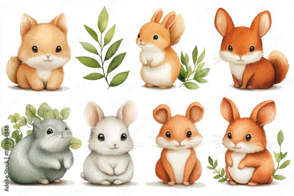 Cute illustrated animals including rabbits, squirrels, and leaves in a playful arrangement. Cute illustrated animals including rabbits, squirrels, and leaves in a playful arrangement.