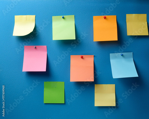 Decorative colorful postit notes with copyspace for writing and photographs on a blue wall