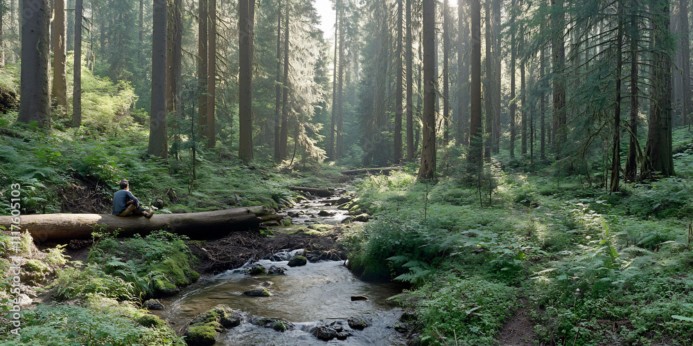 Obraz premium Woodcutter taking a break on a log enjoying the view of a beautiful forest stream flowing nearby with sunlight dancing on the water and birds flitting through the trees