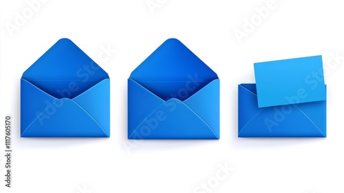 Three blue envelopes are shown. One is closed, the second is partly open, and the last one is completely open, revealing an empty card inside. photo