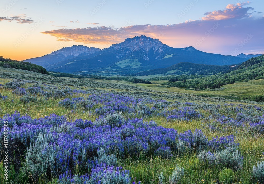 Fototapeta premium Stunning Sunrise Over Purple Wildflowers in Mountain Valley Setting with Majestic Peaks and Clear Sky, Creating a Breathtaking Natural Landscape Experience