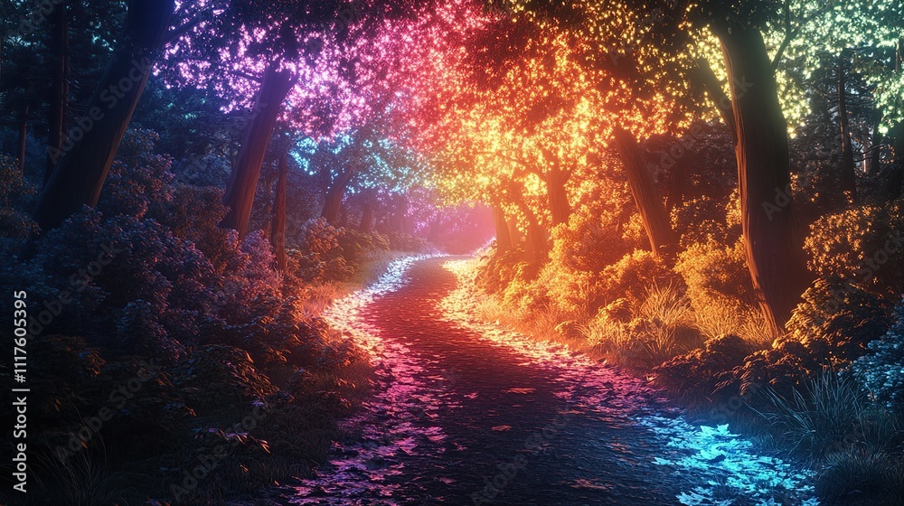 Fototapeta premium A vibrant, illuminated path through a colorful forest, evoking a sense of wonder.