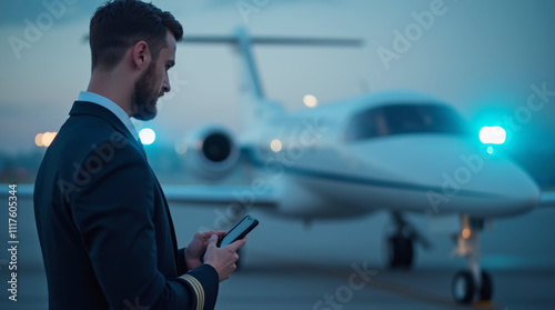 pilot looking at smartphone against background of private jet