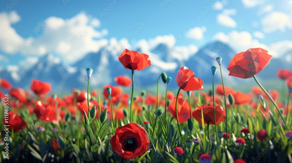 Low-poly red poppies field with mountain backdrop. Low-poly red poppies field with mountain backdrop.