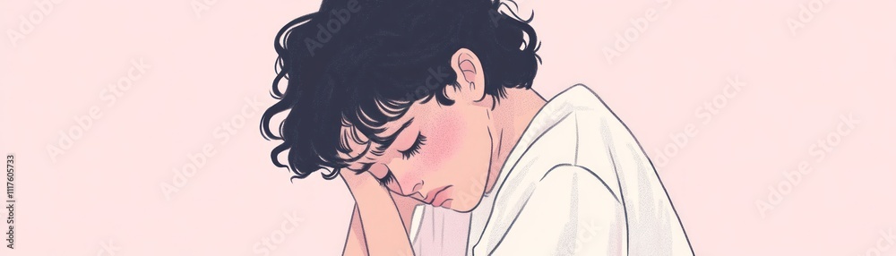 A young person with curly hair rests their head on their hands, conveying a sense of sadness.
