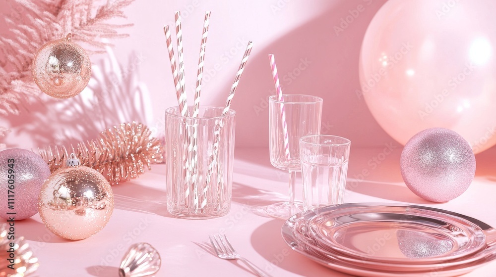 A festive scene with shiny plates, glasses, straws, and decorations on a soft pink background. It's perfect for a New Year's Eve party, creating a celebratory atmosphere. A festive scene with shiny plates, glasses, straws, and decorations on a soft pink background. It's perfect for a New Year's Eve party, creating a celebratory atmosphere.