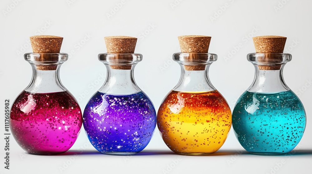 Magic flasks with glowing liquid on a light background Magic flasks with glowing liquid on a light background