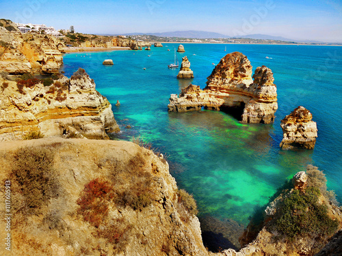 Algarve Portugal. Scenic sea cliffs and coast between Lagos and Faro