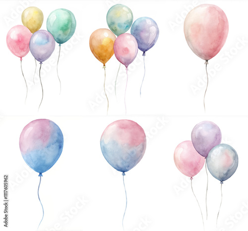 A set of six watercolor balloons with different colors and sizes