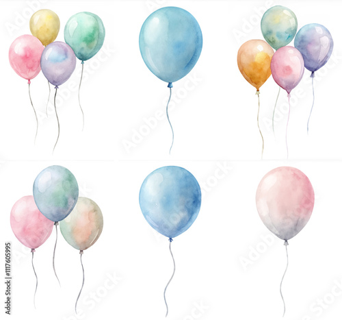 A set of six colorful balloons with different shades of blue and pink