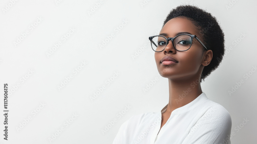 Confident Black woman with glasses stands against a minimalistic white background, exuding professionalism and elegance. Confident Black woman with glasses stands against a minimalistic white background, exuding professionalism and elegance.