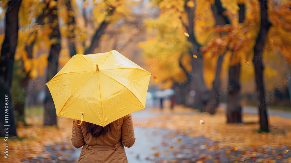 Obraz premium Woman Walking Through Autumnal Park with Yellow Umbrella