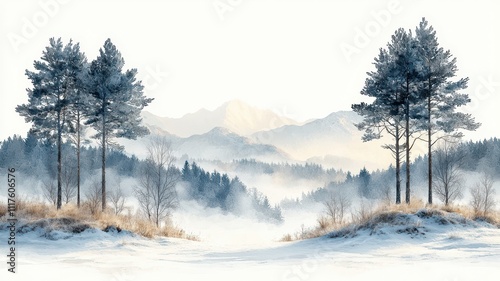 A serene winter landscape featuring tall trees, misty mountains, and a soft blanket of snow, creating a peaceful, ethereal atmosphere.