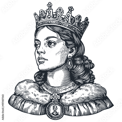 Portrait of queen wearing crown and fur cape, engraving style, vector illustration