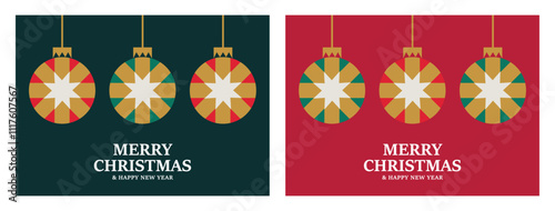 Christmas greeting card design vector.  Merry Christmas card with hanging Christmas balls