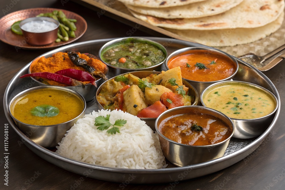 A colorful Indian thali featuring rice, chapati, dal, curries, and vegetables served in small bowls on a round plate, showcasing the richness of traditional Indian cuisine.