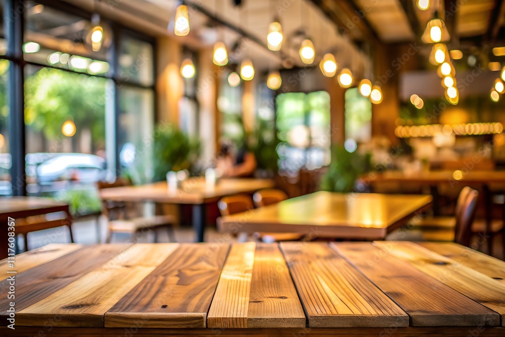 Close-up of a wooden table in a cozy café with warm lighting and blurred background, featuring large windows and green plants. Ideal for hospitality and interior themes. Close-up of a wooden table in a cozy café with warm lighting and blurred background, featuring large windows and green plants. Ideal for hospitality and interior themes.