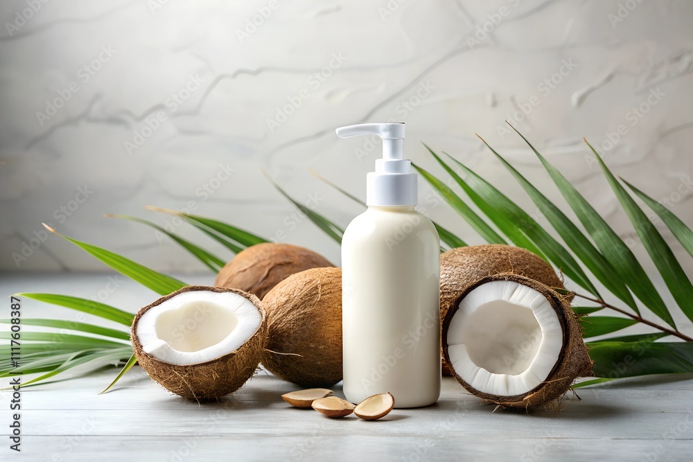  Mockup of a white cosmetic bottle with pump, placed among coconuts and green palm leaves. Perfect for skincare product branding and packaging presentations.