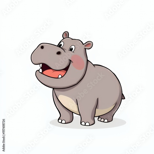 cartoon hippo with open mouth and tongue standing on white surface.