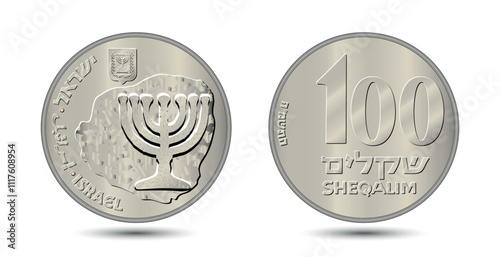 Coin, Israel, 100 sheqalim. Reverse and obverse of Israel one hundred sheqalim coin. Vector illustration.