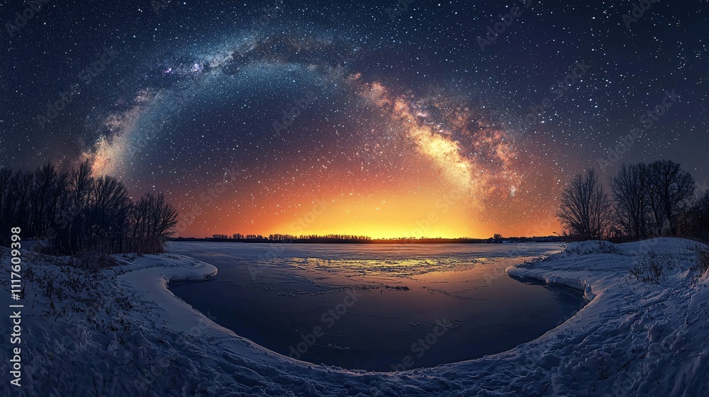 Celestial Winter Solstice: Mystical Milky Way Over Snowy Field Celestial Winter Solstice: Mystical Milky Way Over Snowy Field