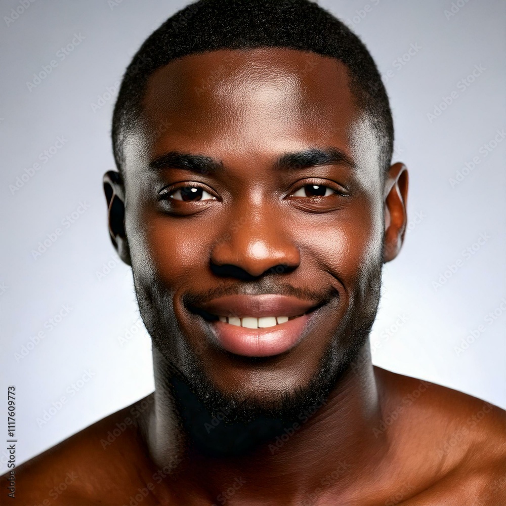 Obraz premium Close-up portrait of a young beautiful sexy African American man with a bristle, smiling at the camera