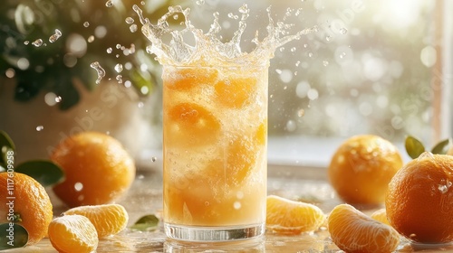 Refreshing Splash of Citrus Juice with Fresh Oranges in Sunlit Kitchen Setting photo