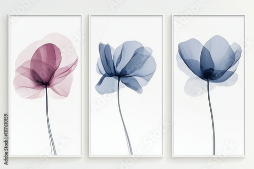 set of three vertical poster ,Minimalist flower with smoky Line Art