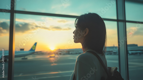 Woman airport sunset