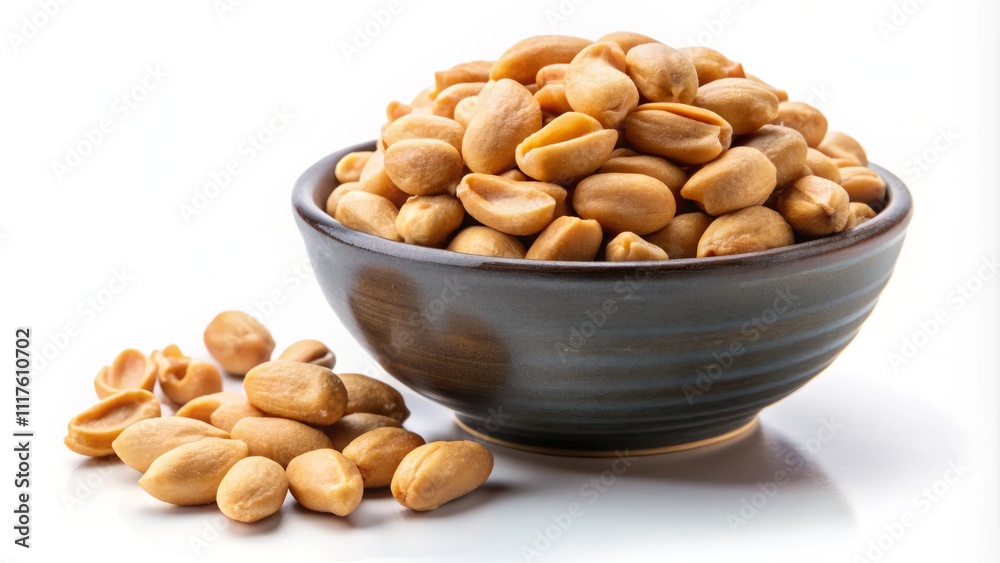 A Close-Up of Crunchy Roasted Peanuts in a Small Bowl on a White Background, Perfect for Low Light Photography, Emphasizing the Texture of this Delicious Snack A Close-Up of Crunchy Roasted Peanuts in a Small Bowl on a White Background, Perfect for Low Light Photography, Emphasizing the Texture of this Delicious Snack
